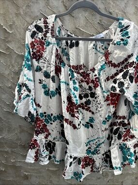 Romantic 3/4 Sleeves Boho White Floral Peasant Top with Teal Burgundy Accents L